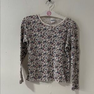 Floral Ribbed Long Sleeve Top - Cream with Pink & Blue Flowers 90’s